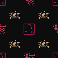 Set line Ringing alarm bell, Smart home and bathroom scales on seamless pattern. Vector