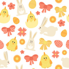 Obraz na płótnie Canvas Seamless pattern with Easter eggs, chickens and bunnies. Easter design on white background. Red and yellow colors