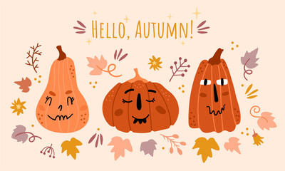Illustration set of pumpkins with faces. Funny characters with different emotions. Simple cute style.