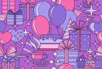 Seamless vector pattern Happy Birthday. In pink and purple tones, smooth, linear. Cake, balloons, gifts, cupcakes with tea. For packaging paper, wallpaper, postcards, fabric and other goods