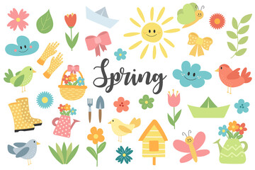 Collection of hand drawn spring items for bright design isolated on white background. Simple icons © brillianata