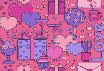 Seamless Valentine's Day vector pattern in pink and purple tones. Flat design with lines for printing on fabric or packaging paper