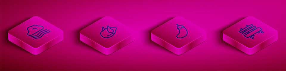 Set Isometric line Windy weather, Roasted turkey or chicken, Eggplant and Bench icon. Vector