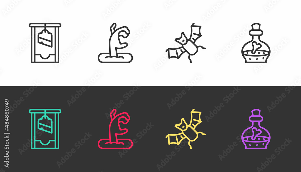 Canvas Prints Set line Guillotine, Zombie hand, Flying bat and Bottle with potion on black and white. Vector