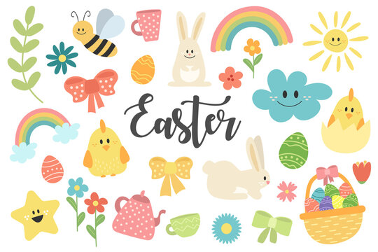 Easter graphic clip art set. Collection of hand drawn spring items for bright easter design isolated on white background. Simple icons