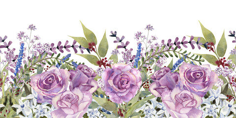 Seamless border with purple roses and anemones. Hand-drawn watercolor illustration