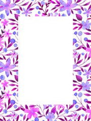 Elegant floral postcard, greeting, card, invitation, frame, border. Botanical blank, template, copy space. Pink, violet flowers watercolor design.