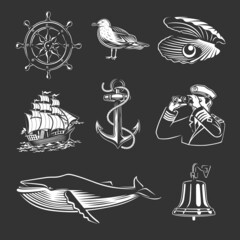Sea theme set. Black and white illustrations.