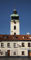 Belfry of church of Presentation of Blessed Virgin Mary in Ceske Budejovice. Czech Republic