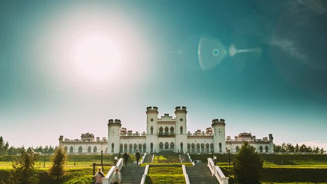 Kosava, Belarus. Summer Sun Shine Above Kosava Castle. It Is A Ruined Castellated Palace In Gothic Revival Style. Puslowski Palace Castle. Landmark And Heritage