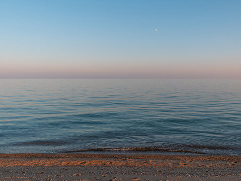 Empty Beach With Blue Sea And Moon On The Purple Sunset Sky. South Scenic Evening Landscape Wallpaper, Summer Vacation