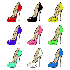 Set of women`s fashion shoes with very high heels with different colors. Shoes with an open toe. Design is suitable for icons, shoe stores, exhibitions, logo, posters, stickers, prints.Isolated vector