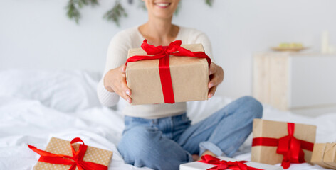 Happy Smiling Lady Holding Offering Christmas Gift At Home