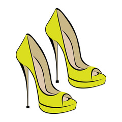 Women`s fashionable yellow high-heeled shoes. Shoes with an open toe. Design suitable for icons, shoe stores, exhibitions, logos, tattoos, posters, stickers, prints, banners. Isolated vector