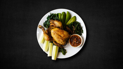 Whole Fried Chicken With Chili Sauce And Vegetables On Black Background