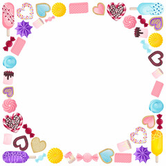 Frame with an empty circle inside made of sweets, gingerbread, marshmallows, heart-shaped lollipops with sprinkles and icing