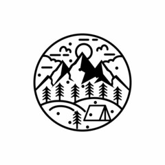 camping logos consisting of mountains, camp and trees line style