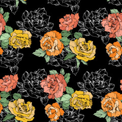 orange yellow coral roses engraved