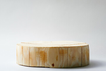 one round cut wooden platform on white background, geometric podium, mock up, eco scene for...