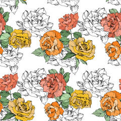 Vector Orange, yellow and coral rose flower. Engraved ink art. Seamless background pattern. Fabric wallpaper print.