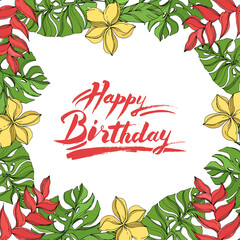 Palm beach tree leaves jungle botanical. Black and white engraved ink art. Frame border ornament square.