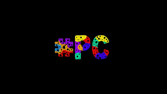 Hashtag #PC. Colorful animated text isolated on Transparent Alpha channel. 4K video. Rainbow colors. Liquid gel effect. Trendy popular Hashtag #PC for computer, social network media, title video