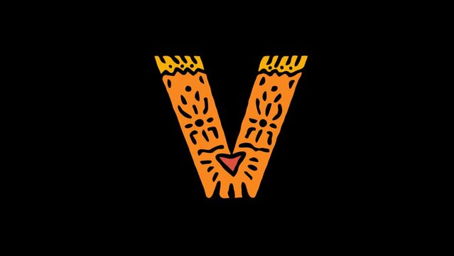 Letter V. 4K, Transparent Alpha channel. Cartoon Animation, Shake twitch effect. Ethnic ornament, national folk pattern in letter. 3 colors. Capital Letter V for ABC education, erudition, game.