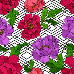 Peony floral botanical flowers. Wild spring leaf wildflower isolated. Engraved ink art. Seamless background pattern.