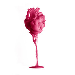 Explosion. Red wine texture made of red dye, liquid with drops and splashes. One wine glass isolated on white background. Concept of drinks, taste, holidays, festivals