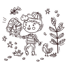 vector set of cute boy with bird and plants, and colored egg. Happy easter.