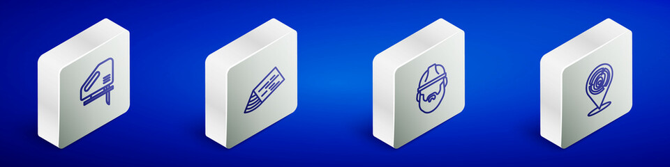 Set Isometric line Electric jigsaw, Wooden beam, Lumberjack and logs icon. Vector