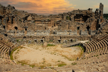 Perge Ancient City Amphitheatre. Perge, one of the Pamphylian cities and was believed to have been built in the 12th to 13th centuries BC. At sunset.