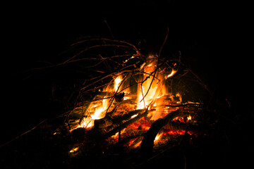 Big beautiful bonfire on black background. Real fire flames. Burning. Ignited. Night campfire. Orange color. Nature landscape. Outdoors recreation. Autumn garden cleaning. Hot. Close-up side view.