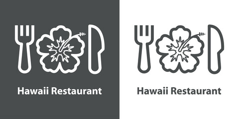 Banner con texto Hawaii Restaurant y silueta de tenedor y cuchillo con flor de hibisco con líneas en fondo gris y fondo blanco © teracreonte
