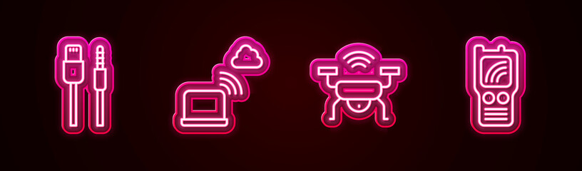 Set line USB cable cord, Network cloud connection, Smart drone system and Walkie talkie. Glowing neon icon. Vector