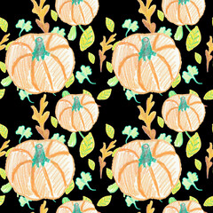 Seamless pattern with fall pumpkins drawn with child's wax crayons on black background.Thanksgiving food print with oil pastels in doodle style.Designs for fabric,wrapping paper,packaging,textiles.