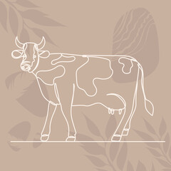 cow in one line, outline on an abstract background, vector, isolated