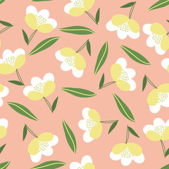 Seamless pattern of flowers and leaves, pastel colors. Vector design.