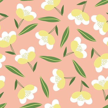 Seamless pattern of flowers and leaves, pastel colors. Vector design.