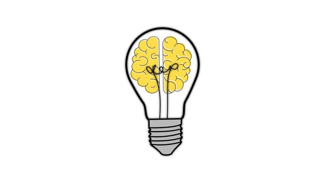 idea. the brain turns on the light bulb. light bulb idea. 4k video illustration. 
