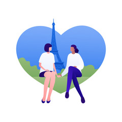 Family travel and tourism concept. Vector flat people illustration. Lesbian couple sitting with eiffel tower france on background. Heart shape romantic symbol. Design for international adventure.