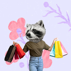 Contemporary art collage. Female with raccoon head holding many shopping bags isolated over purple background