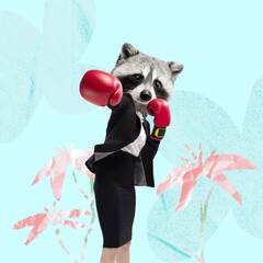 Contemporary art collage. Female with raccoon head in boxing gloves isolated over blue background © Lustre Art Group 