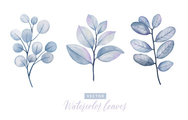 Set of digital watercolor painting branches with blue leaves 1.
