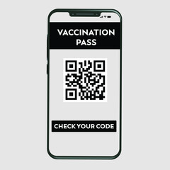 Covid-19 Vaccine passport. Coronavirus immune pass. Pandemic vaccination proof. Certificate of vaccination and immune from covid in phone app with QR code and button of scan your code