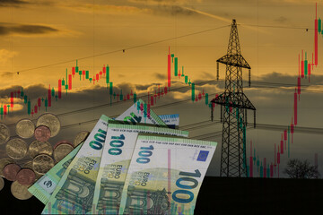 electricity pylont with many during sunset euro bills and coins such as a chart from the market...