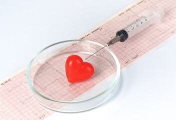 Heart in a Petri dish against the background of a cardiogram.