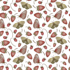 Strawberries. Butterflies. Green leaf. Spring pattern. Forest pattern. Botanical illustration. Print for fabric, wrapping paper, wallpaper. Seamless pattern. Spring illustration. Strawberry.