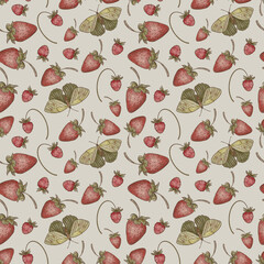 Strawberries.  Green leaf. Spring pattern. Forest pattern. Botanical illustration. Print for fabric, wrapping paper, wallpaper. Seamless pattern. Spring illustration. Strawberry.