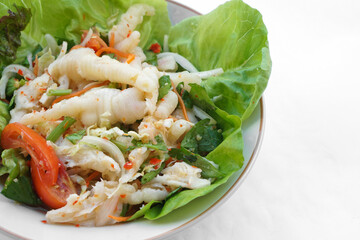 Spicy chicken feet salad  mixed vegetables on dish. Concept : Thai food cooking. Weird food. Healthy   menu, good for on diet or control weight. Best to eat along with beer.                         